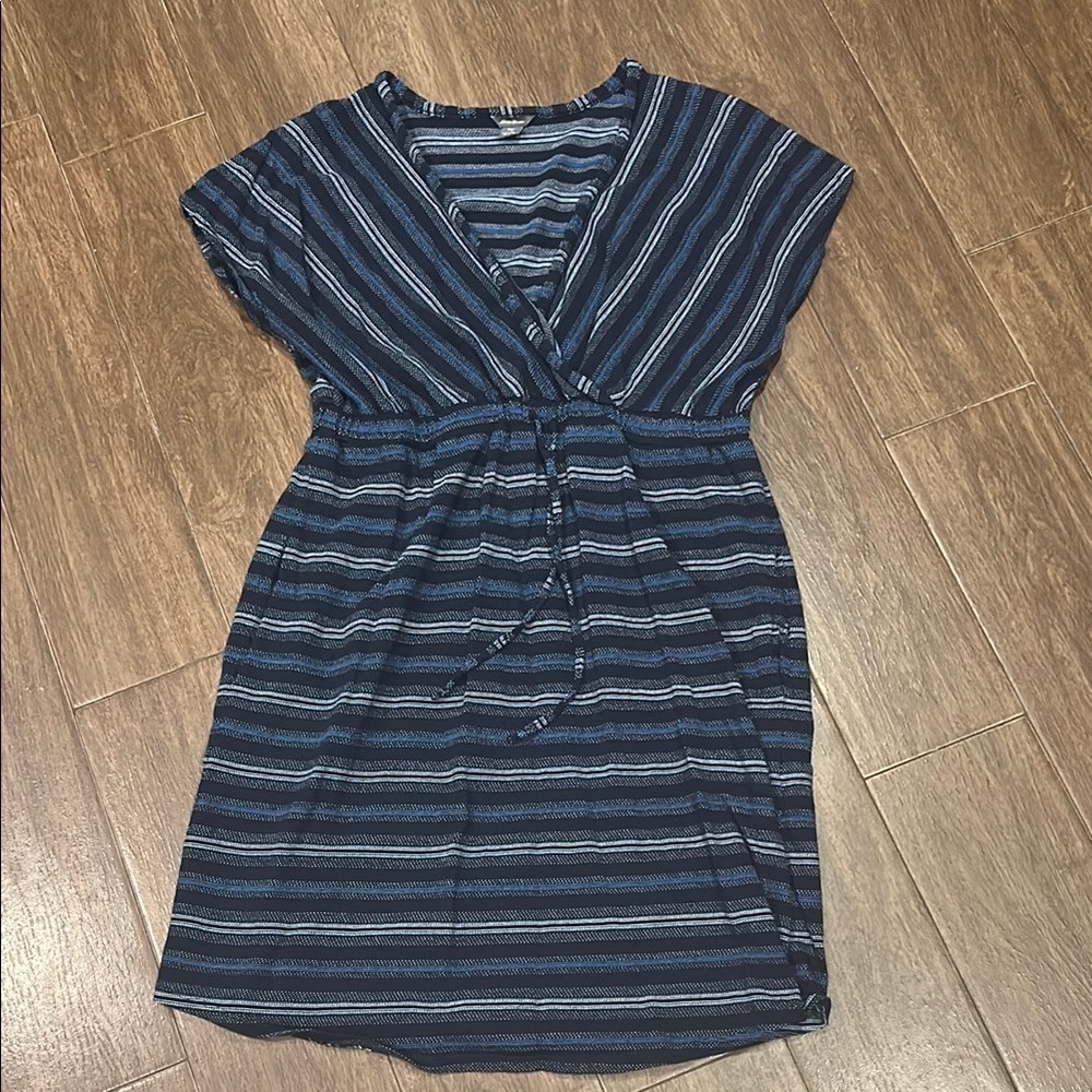 Eddie Bauer Navy Striped Faux Wrap Dress with Pockets